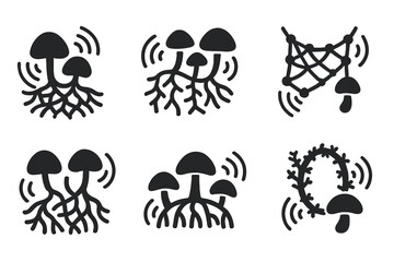 Obraz premium Chanting Fungal Icons. Solid style icons of chanting fungal systems: harmonic root web, resonating cap chain, tonal mycelium mesh,