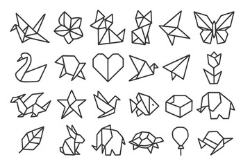Obraz premium Origami Icon Collection. Line style icons of origami art: paper crane, folded flower, fox, boat, butterfly, swan, frog, heart,