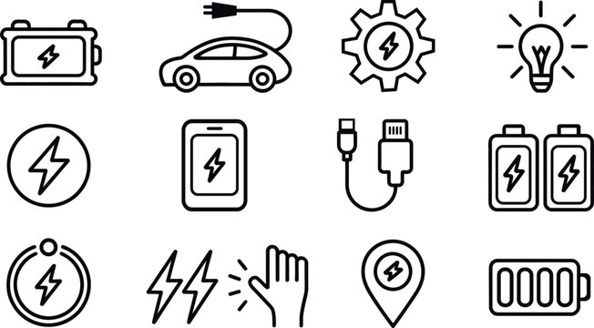 A Collection of Line Art Icons Representing Electricity Power Energy and Charging Concepts Including Batteries Cars and Devices