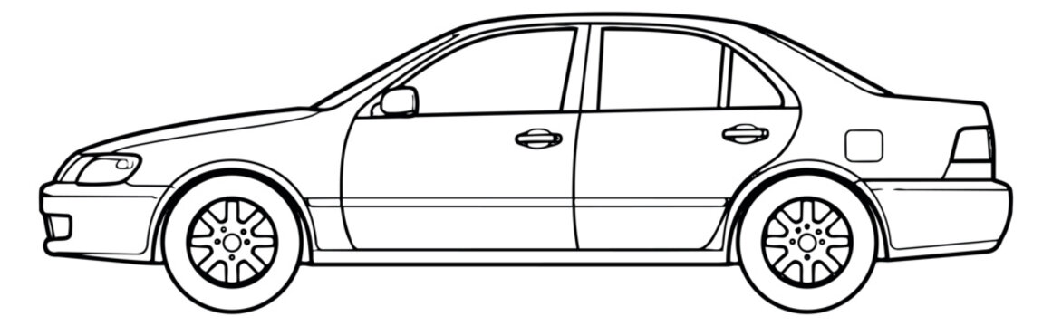 Line art illustration of a car depicting a side profile for automotive design