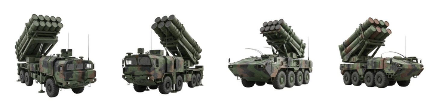 Set of Military Missile Launcher Truck Collection, Modern Army Rocket Artillery Vehicle, Realistic Defense Weapon Illustration for War, Security and Strategy Concepts, isolated on transparent PNG back