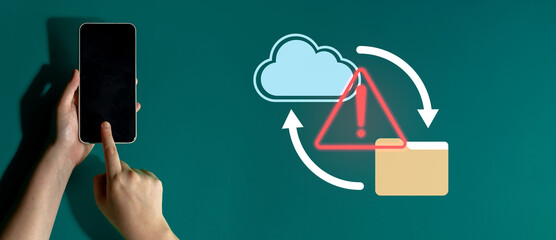 A person interacts with a smartphone on a green background. The image features a cloud data icon, warning symbol, and file exchange, illustrating technology and connectivity. Gantry