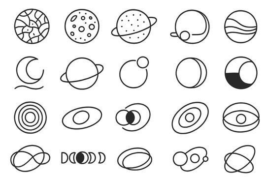 Celestial Line Art. Line style icons of moons and orbits: Europa, Ganymede, Callisto, Io, moon shadow, orbital ring, planet path,