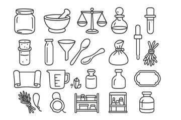 Antique Apothecary Icons. Line style icons of Antique Apothecary Tools: glass jar, mortar and pestle, weighing scale, tincture