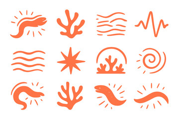 Obraz premium Neon Coral Electric Eel. olid style icons of Neon coral electric eel: glowing eel, bright coral, ocean light, pulse wave, sea