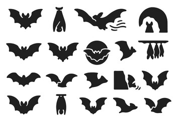 Fototapeta premium Bat Flight Icons. Solid style icons of Bat flight and rest: flying bat, open wings, hanging posture, night glide, cave entry,