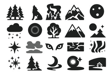 Fototapeta premium Northern Wilderness Icons. Solid style icons of Northern wilderness: pine forest, wolf stance, aurora ribbon, icy ridge, full moon