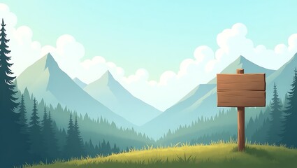 Wooden Signpost in Mountain Landscape with Trees and Clouds