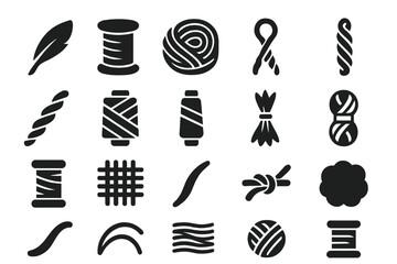Fiber and Thread Icons. Solid style icons of Fiber and Thread: silk strand, cotton spool, wool coil, linen rope, hemp twist,