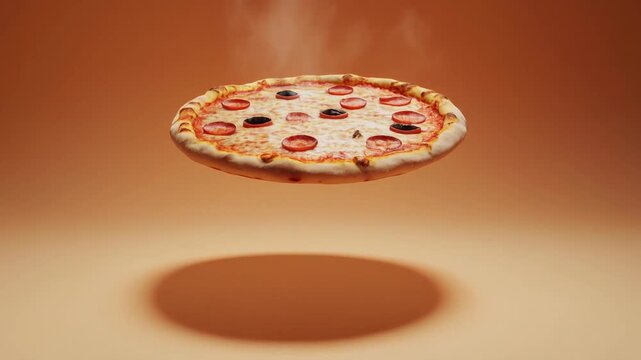 A delicious, freshly baked pizza with steaming toppings floats mysteriously in the air, a culinary marvel