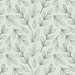 Minimal seamless botanical pattern with hand drawn leaves on a soft mint background. Natural elegant design for textile, packaging and surface decoration.