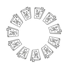 Cute round frame with hand drawn outline witch books isolated on white background. Boho celestial circle composition.