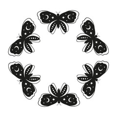 Cute round frame with hand drawn butterflies with moon and stars isolated on white background. Boho celestial circle composition.