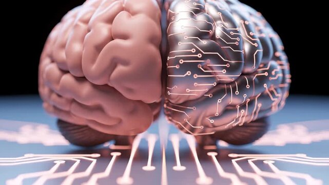 Front view of a brain split into organic and digital halves with glowing circuit patterns.