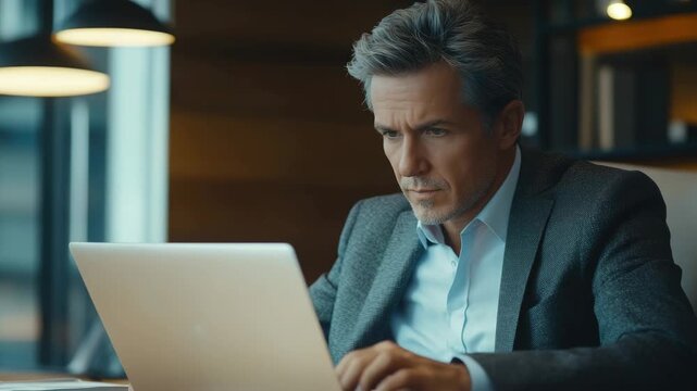 This video portrays a focused businessman in an office setting, deeply engrossed in his work on a laptop. His serious demeanor suggests that he is handling important tasks or tackling complex problems
