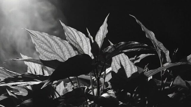 Black and white close up of a hosta plant with textured leaves against a dark background with light and shadow