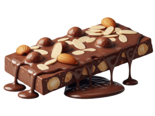 Almond sliver chocolate with nuts melting isolated transparent background delicious dessert concept for flyers