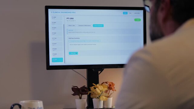 Middle-aged male doctor in home office reviews patient EMR dashboard with AI-assisted notes, vitals, labs, and visit summaries on monitor concept