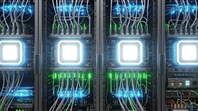 Powerful Server Racks Processing Data in Modern Data Center.