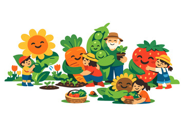Naklejka premium Image Generation. Green backyard alive with spring joy where family members garden together and plants grow into oversized smiling