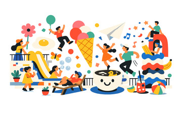 Image Generation. Spring city terrace transformed into a celebration of everyday happiness where abstract moments pop into the air