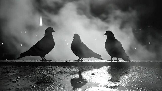 Three silhouetted pigeons perched on a wet ledge at night with fog and city lights in the background