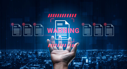 A hand holds a digital alert for documents, symbolizing security risks in a modern, urban...
