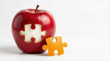 Red apple with puzzle piece cutout and orange jigsaw piece on white background