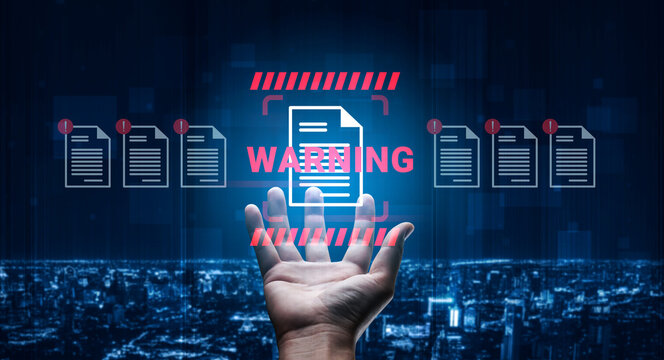 A hand holds a digital alert for documents, symbolizing security risks in a modern, urban environment. The image highlights technological concerns in information management. Gantry - Powered by Adobe
