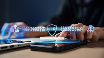 User accessing secure VPN network via smartphone and laptop. internet privacy, data encryption, online security, anonymous browsing, cyber protection, and virtual private network technology. VPN,