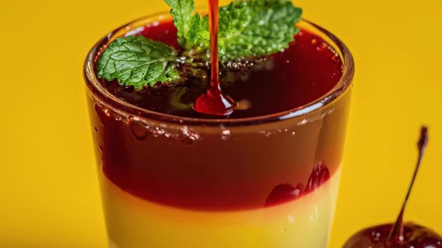 A layered dessert in a glass with mint garnish and cherries on yellow background