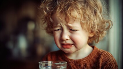 Upset toddler holding a glass, crying and refusing to drink, emotional childhood moment indoors.