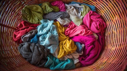 Top view of a laundry basket filled with colorful clothes arranged in a circular pattern.
