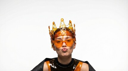 Young woman in orange sunglasses wearing liquid splash crown on white background