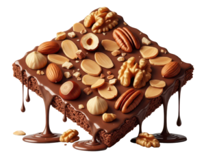 Almond sliver chocolate with nuts melting isolated transparent background delicious dessert concept for flyersIsolated on white