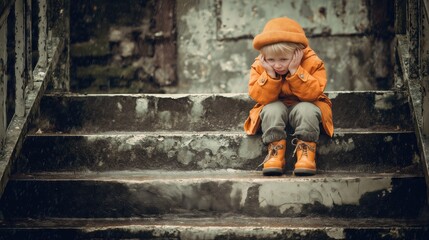 Sad child sitting on wet steps in rain, covering ears, expressing fear, stress, and emotional vulnerability.