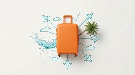 Orange travel suitcase with sketch airplane routes, palm tree and water splash, flat lay
