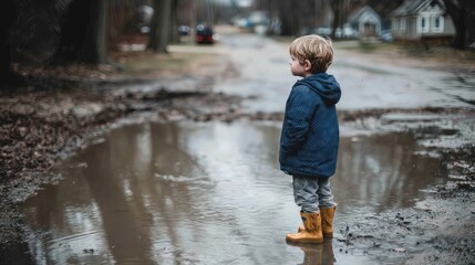 Small child standing in muddy puddle on rainy street, looking away with crossed arms in emotional moment.