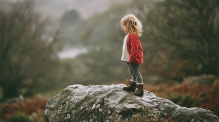 Small child standing on a rock in nature, looking down with hesitation and quiet emotion in a misty landscape.