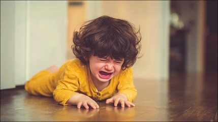Crying toddler lying on floor in tantrum, expressing strong emotions and distress.