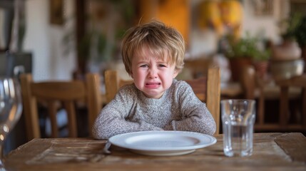 Sad child sitting at table with empty plate, refusing food and showing emotional discomfort.