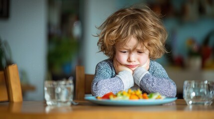 Child staring at vegetables on plate, bored and unwilling to eat, expressing picky behavior.