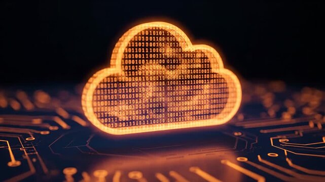 Orange glowing digital cloud icon made of binary code on a circuit board background.
