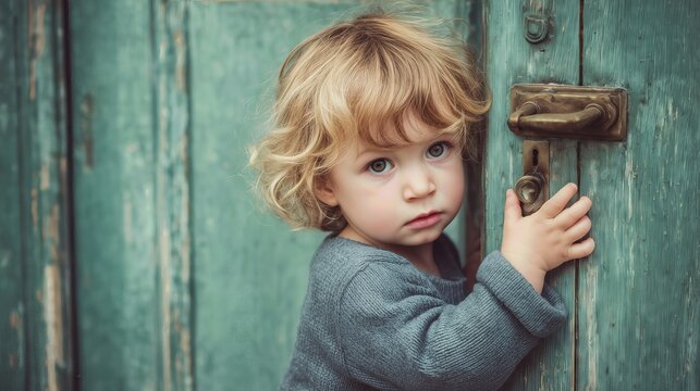 Curious toddler holding door handle, looking uncertain and cautious in a quiet moment.