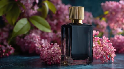 Luxury dark perfume bottle with golden cap among lilac flowers, moody floral composition with elegant and mysterious atmosphere.