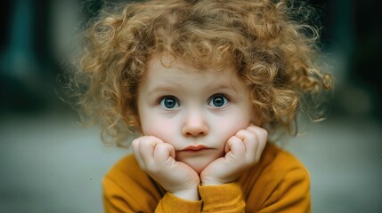 Portrait of curly-haired toddler with big blue eyes resting face on hands, soft emotional childhood moment.