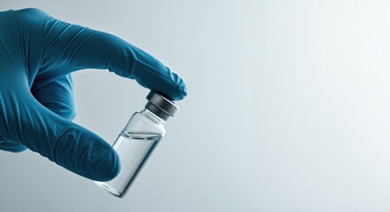 Gloved hand holding small medicine vial with clear liquid on light background
