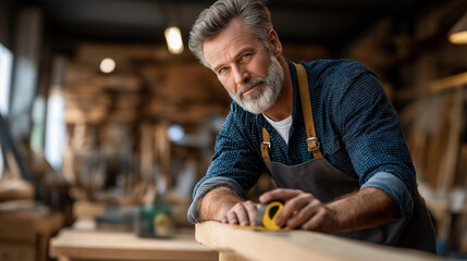 Serious middle-aged carpenter measuring wooden board with tape measure in bright woodworking workshop, tools and sawdust around, craftsman atmosphere
