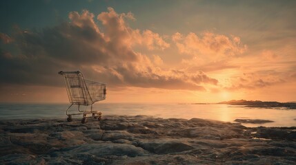 Shopping cart left alone on rocky shore during dramatic sunset.