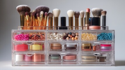 Transparent acrylic storage filled with brushes, powders, and cosmetics.